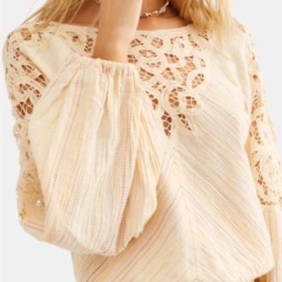 Free People Cream Lace & Striped Detail Peasant Top, XS - Picture 2 of 14